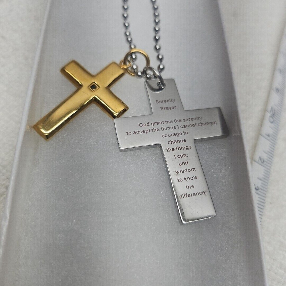 Stainless Steel Double Cross Serenity Prayer Necklace - Picture 2 of 8